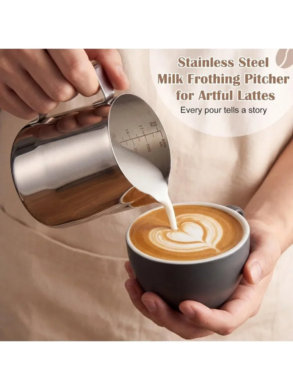 6 Pcs Stainless Steel Milk Frothing Pitchers - 20 oz Coffee Bar Tools, Silver
